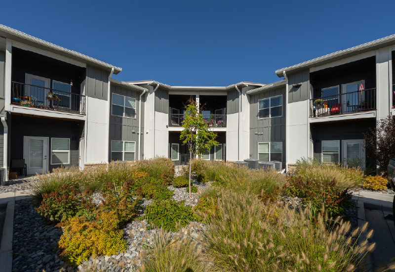 The exterior courtyard at the Residences at Delta